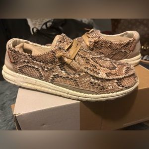 Tan, Brown and black snake print Hey Dudes. Worn a couple times.